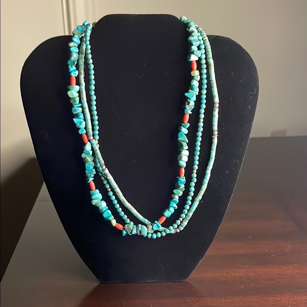 Ladies 3 Strand Turquoise Nugget Turned and Round Heishi Necklace 18"